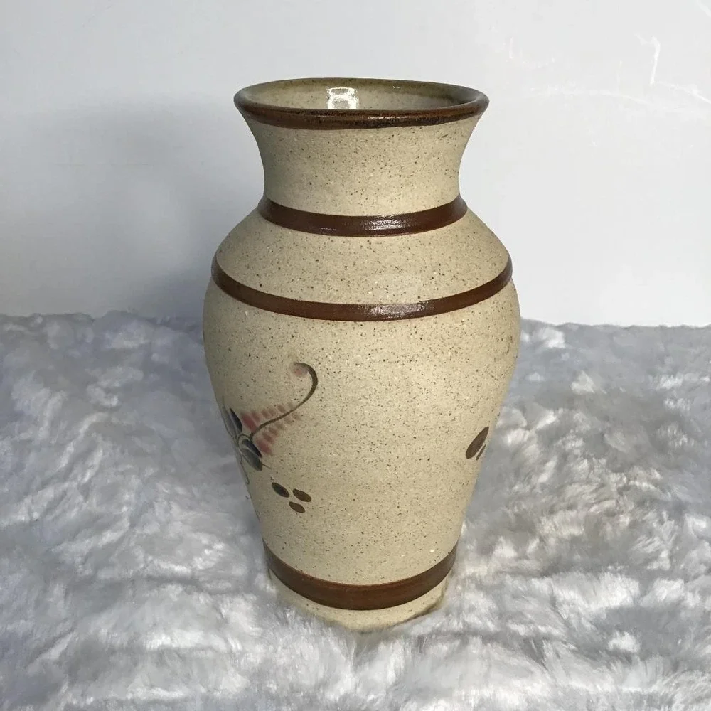 Vtg Gardiel Mexico Hand Painted Floral Ceramic Vase Sandstone Pottery Signed 7